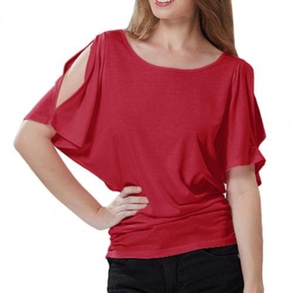 Jones New York Red Stretch Blouse Top Cutouts Shoulder Relaxed Size L - Picture 1 of 9